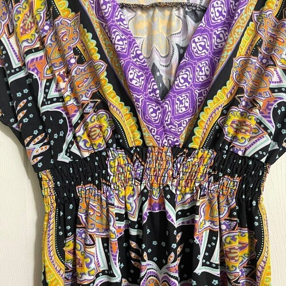 She's Cool Womens Black Purple Y2K  Paisley Smocked Vneck Mini Dress Medium - Picture 3 of 7